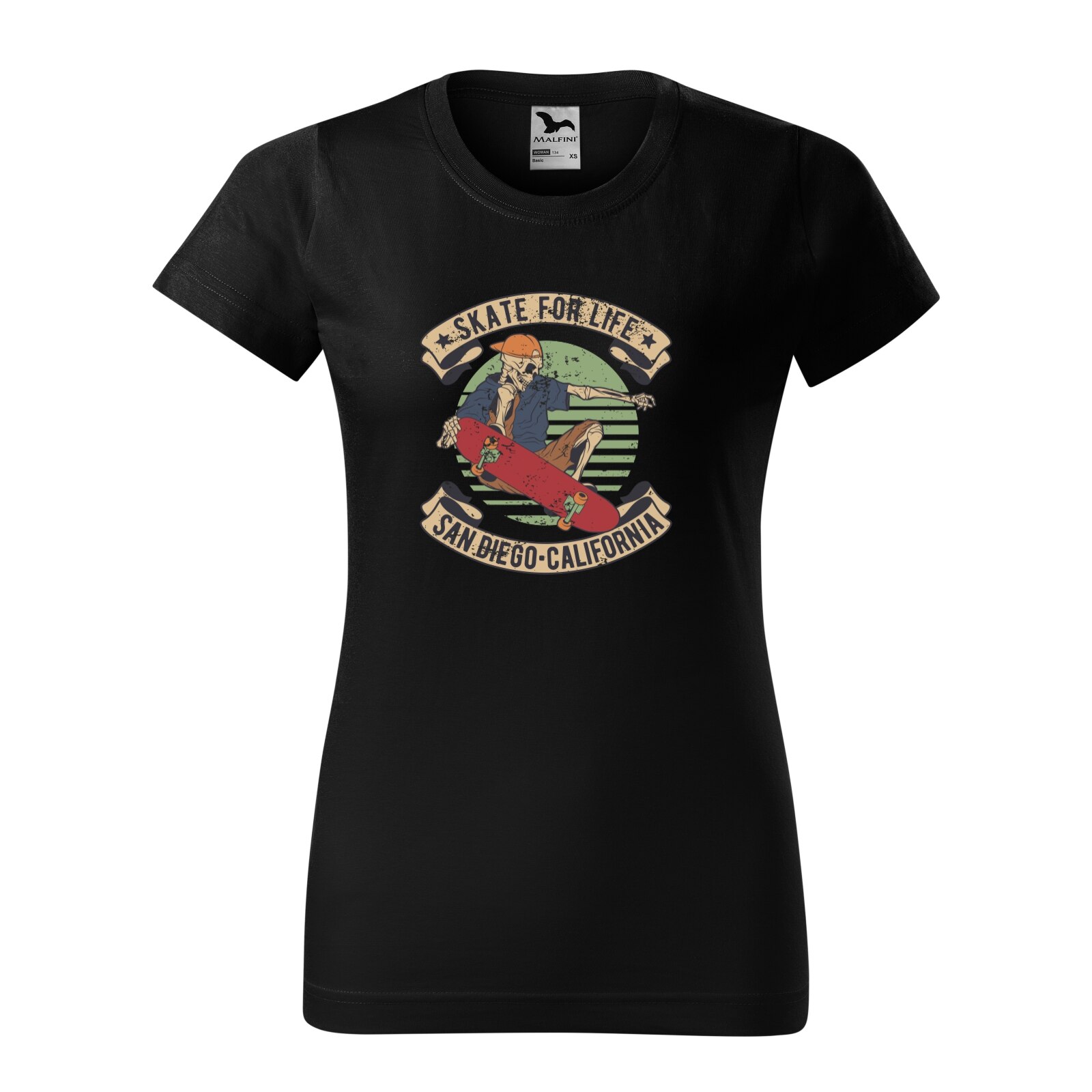 Tricou clasic, la baza gatului, negru, pentru dama, idee de cadou pentru pasionatii de skateboard, Skate for Life San Diego, marime S