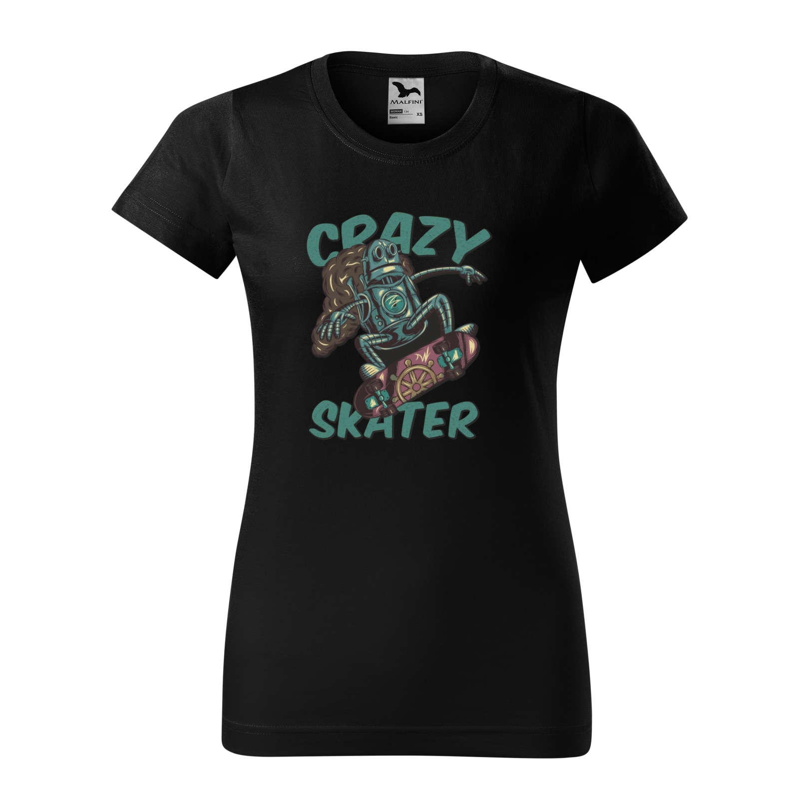 Tricou clasic, la baza gatului, negru, pentru dama, idee de cadou pentru pasionatii de skateboard, Crazy Robot Skater, marime L