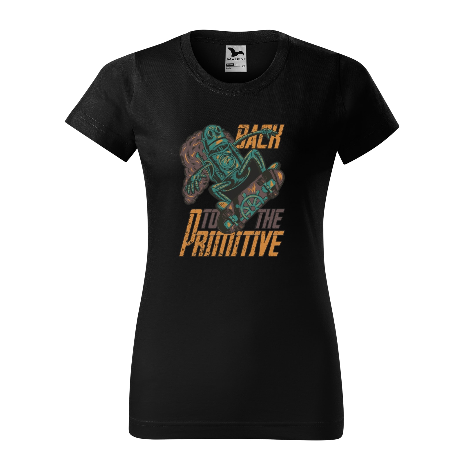 Tricou clasic, la baza gatului, negru, pentru dama, idee de cadou pentru pasionatii de skateboard, Back to The Primitive, marime L