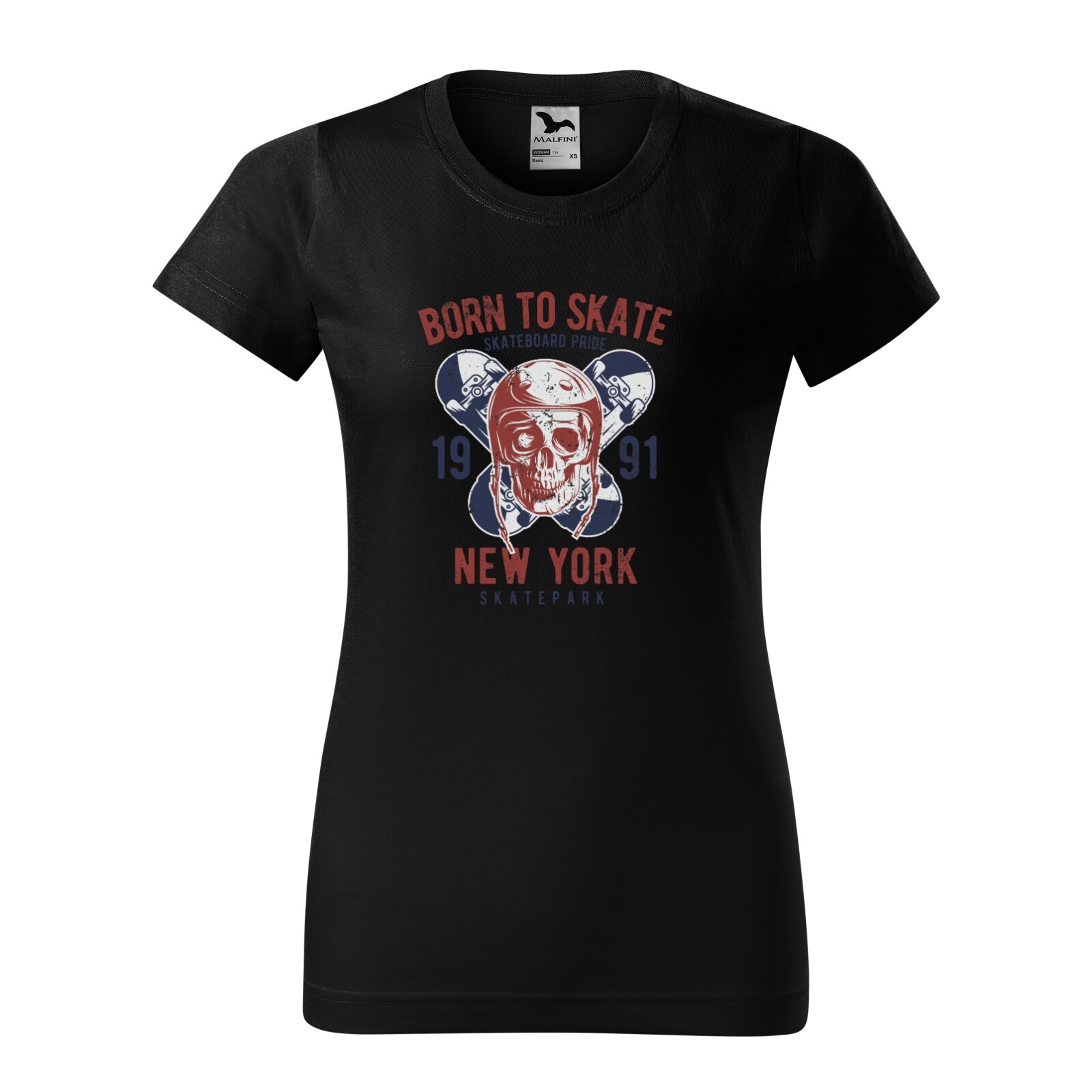 Tricou clasic, la baza gatului, negru, pentru dama, idee de cadou pentru pasionatii de skateboard, Skateboard Skull Pride, marime XS