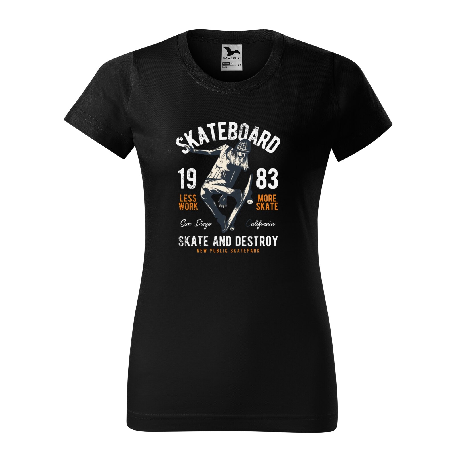 Tricou clasic, la baza gatului, negru, pentru dama, idee de cadou pentru pasionatii de skateboard, Skate and Destroy Public Park, marime S