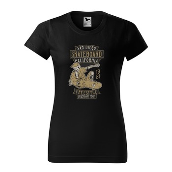Tricou clasic, la baza gatului, negru, pentru dama, idee de cadou pentru pasionatii de skateboard, San Diego Freestyle Team, marime S