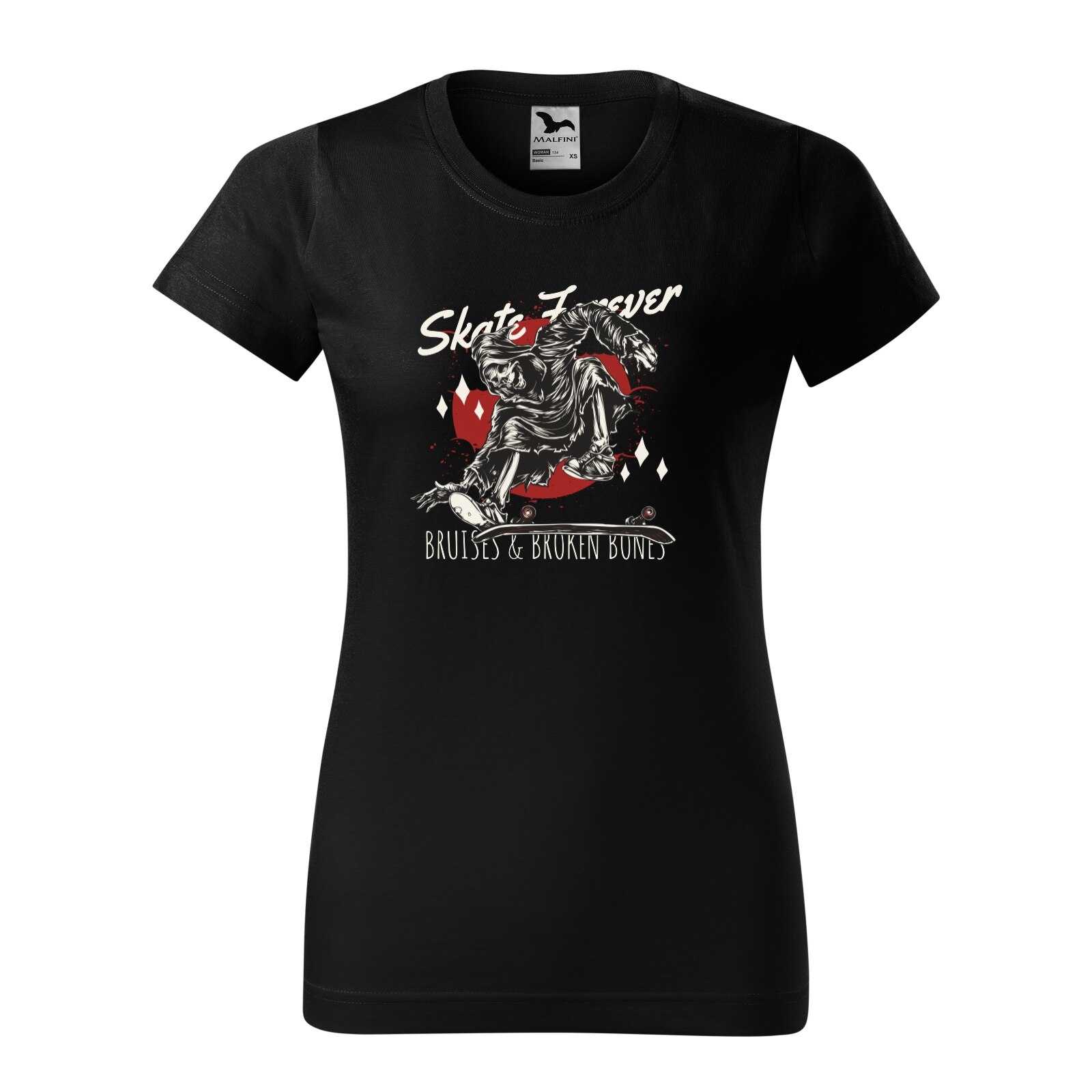 Tricou clasic, la baza gatului, negru, pentru dama, idee de cadou pentru pasionatii de skateboard, Skate Forever Death, marime XS