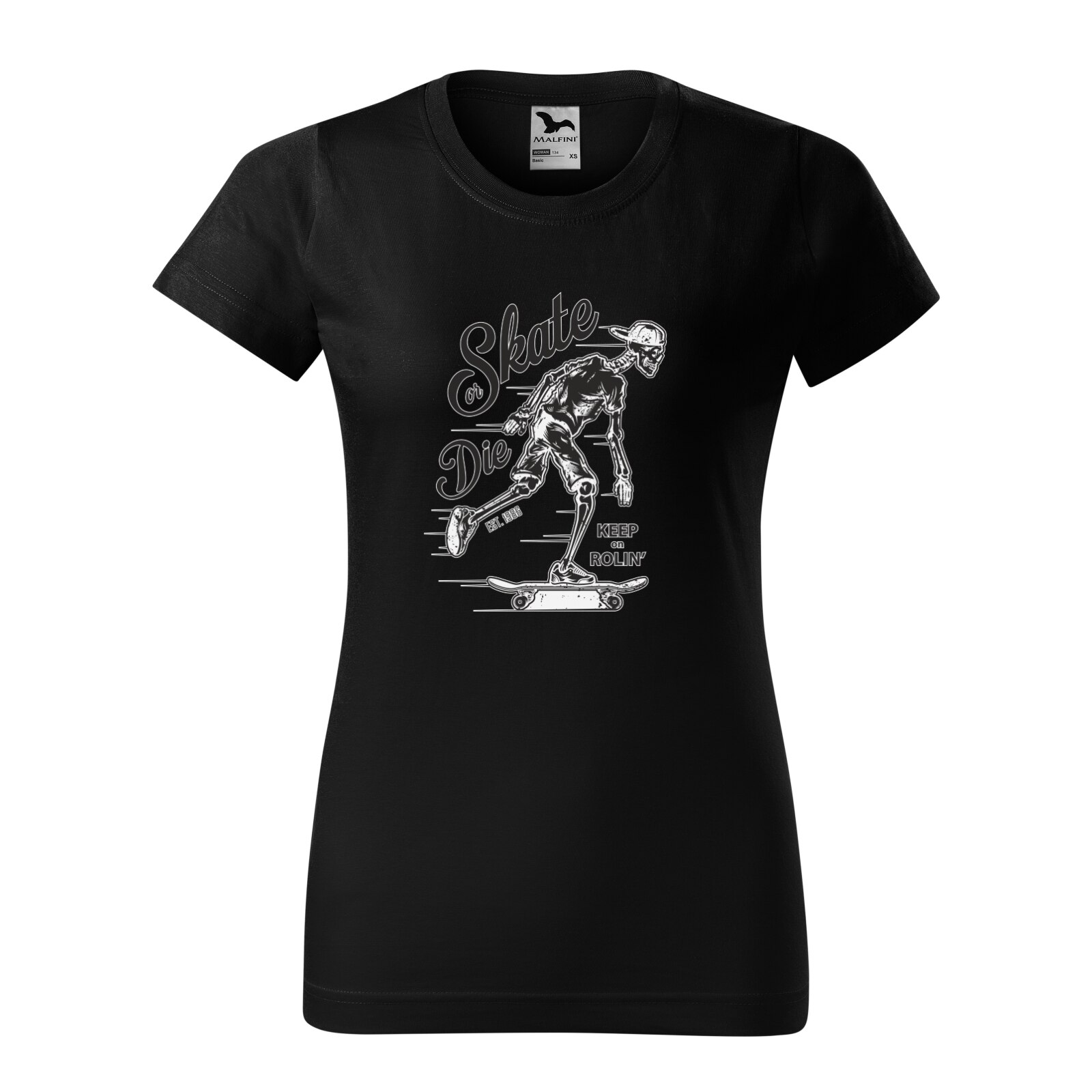 Tricou clasic, la baza gatului, negru, pentru dama, idee de cadou pentru pasionatii de skateboard, Keep on Rolling, marime 2XL