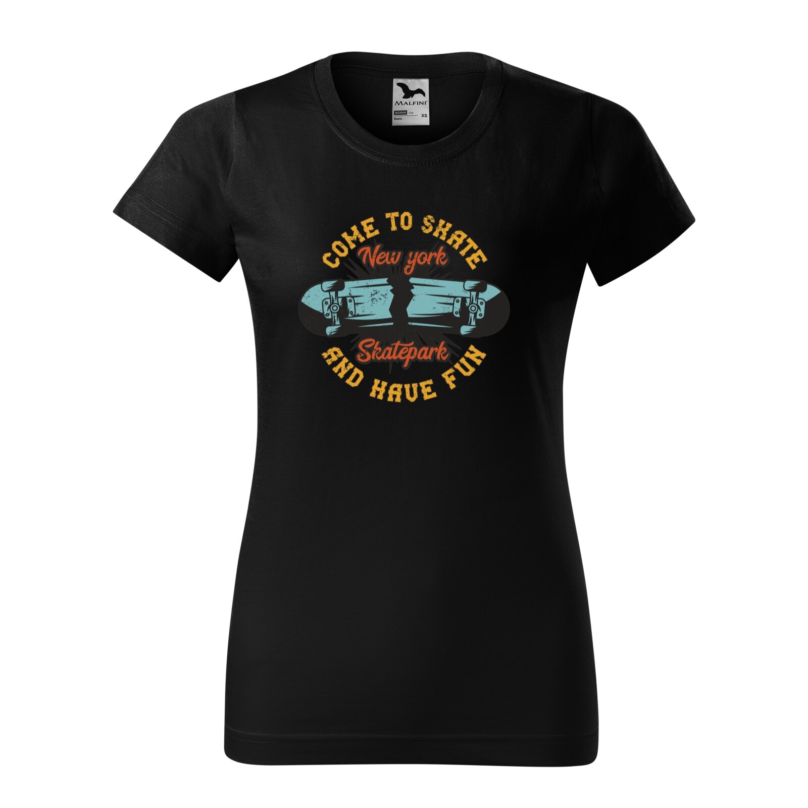 Tricou clasic, la baza gatului, negru, pentru dama, idee de cadou pentru pasionatii de skateboard, Come to Skate and Have Fun, marime S