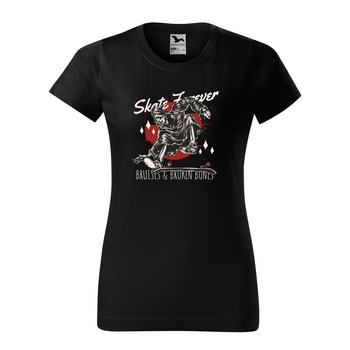 Tricou clasic, la baza gatului, negru, pentru dama, idee de cadou pentru pasionatii de skateboard, Skate Forever Death, marime XL