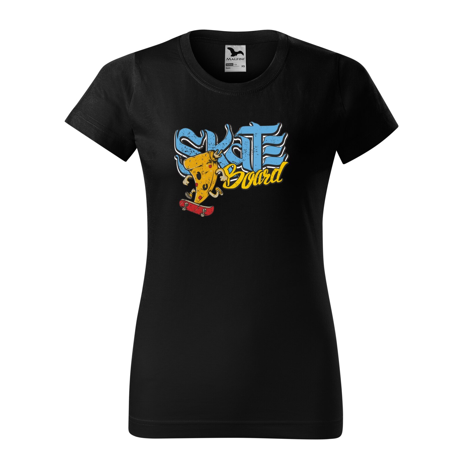 Tricou clasic, la baza gatului, negru, pentru dama, idee de cadou pentru pasionatii de skateboard, Pizza on SkateBoard, marime XS
