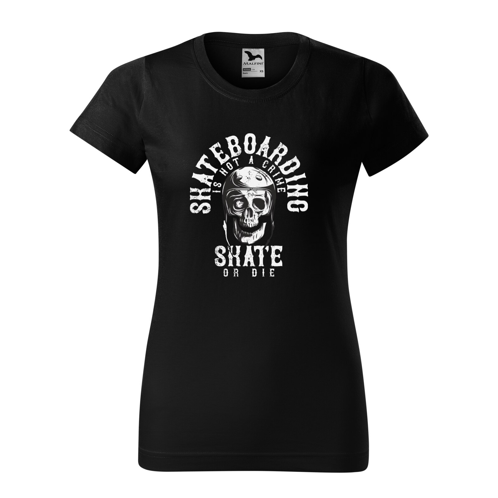 Tricou clasic, la baza gatului, negru, pentru dama, idee de cadou pentru pasionatii de skateboard, Not a Crime Skate or Die, marime M
