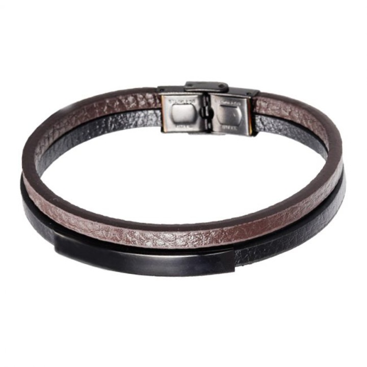 Bőr karkötő, férfi, dupla, fém betétes, fekete/barna