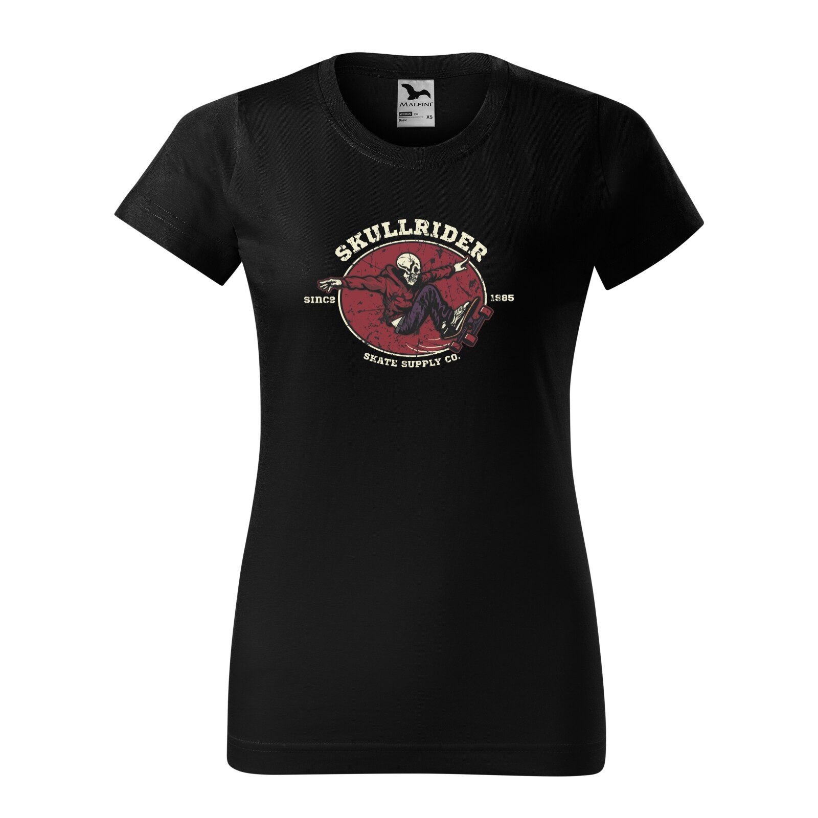 Tricou clasic, la baza gatului, negru, pentru dama, idee de cadou pentru pasionatii de skateboard, Skull Rider, marime 2XL