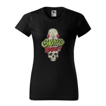 Tricou clasic, la baza gatului, negru, pentru dama, idee de cadou pentru pasionatii de skateboard, Skate or Die Head Skull, marime XS Tricou clasic, la baza gatului, negru, pentru dama, idee de cadou pentru pasionatii de skateboard, Skate or Die Head Skull, marime XS