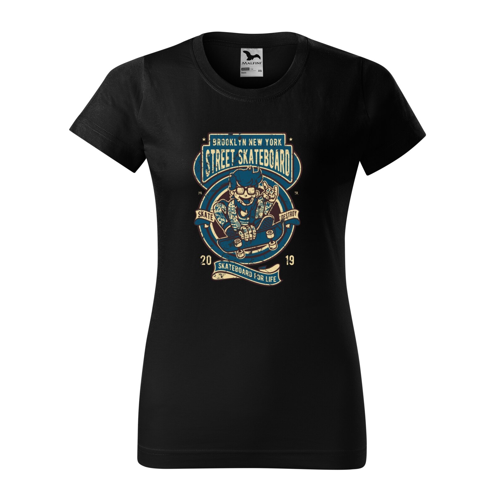 Tricou clasic, la baza gatului, negru, pentru dama, idee de cadou pentru pasionatii de skateboard, Brooklyn Street Skateboarding, marime L