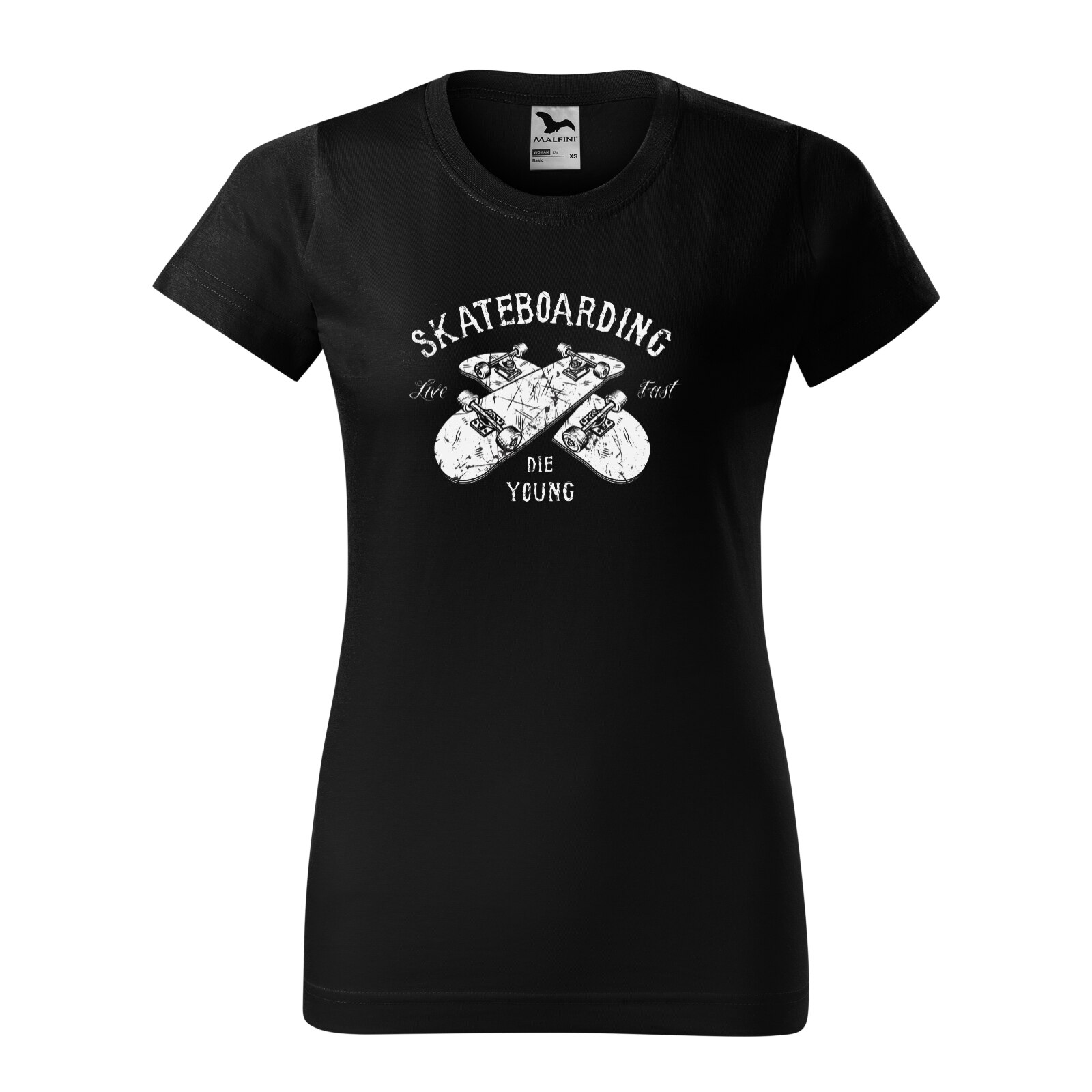 Tricou clasic, la baza gatului, negru, pentru dama, idee de cadou pentru pasionatii de skateboard, Live Fast Die Young, marime L