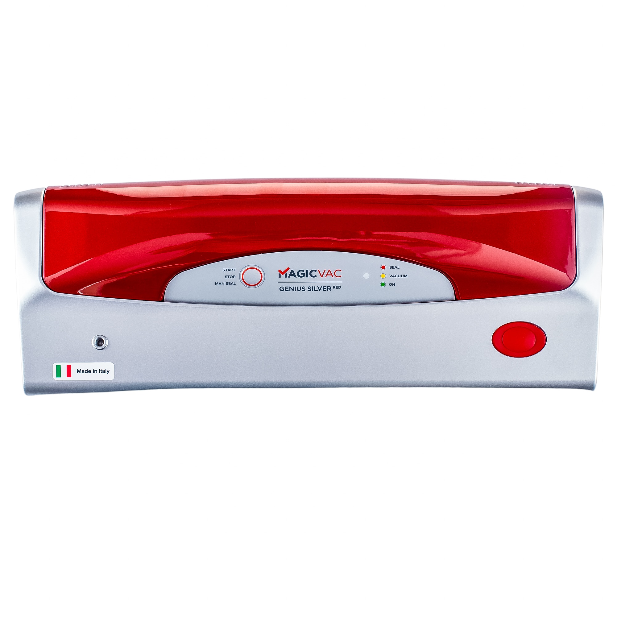 Aparat de vidat Magic Vac, Genius Silver Red, functie complet automata sau manuala, bara lipire 30 cm, 10 litri/min, putere mare aspirare, motor puternic, cutter, furtun si pungi incluse, rosu argintiu