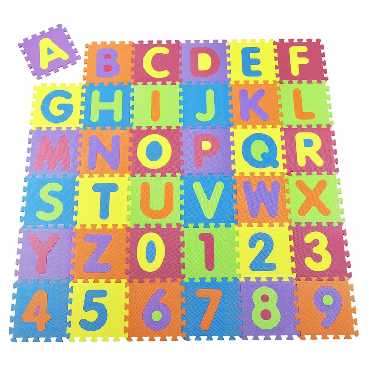 Covoras puzzle "Kim" din spuma cu litere alfabet si cifre, set 86 piese, 31.5 x 31.5 cm, 3,57 m²