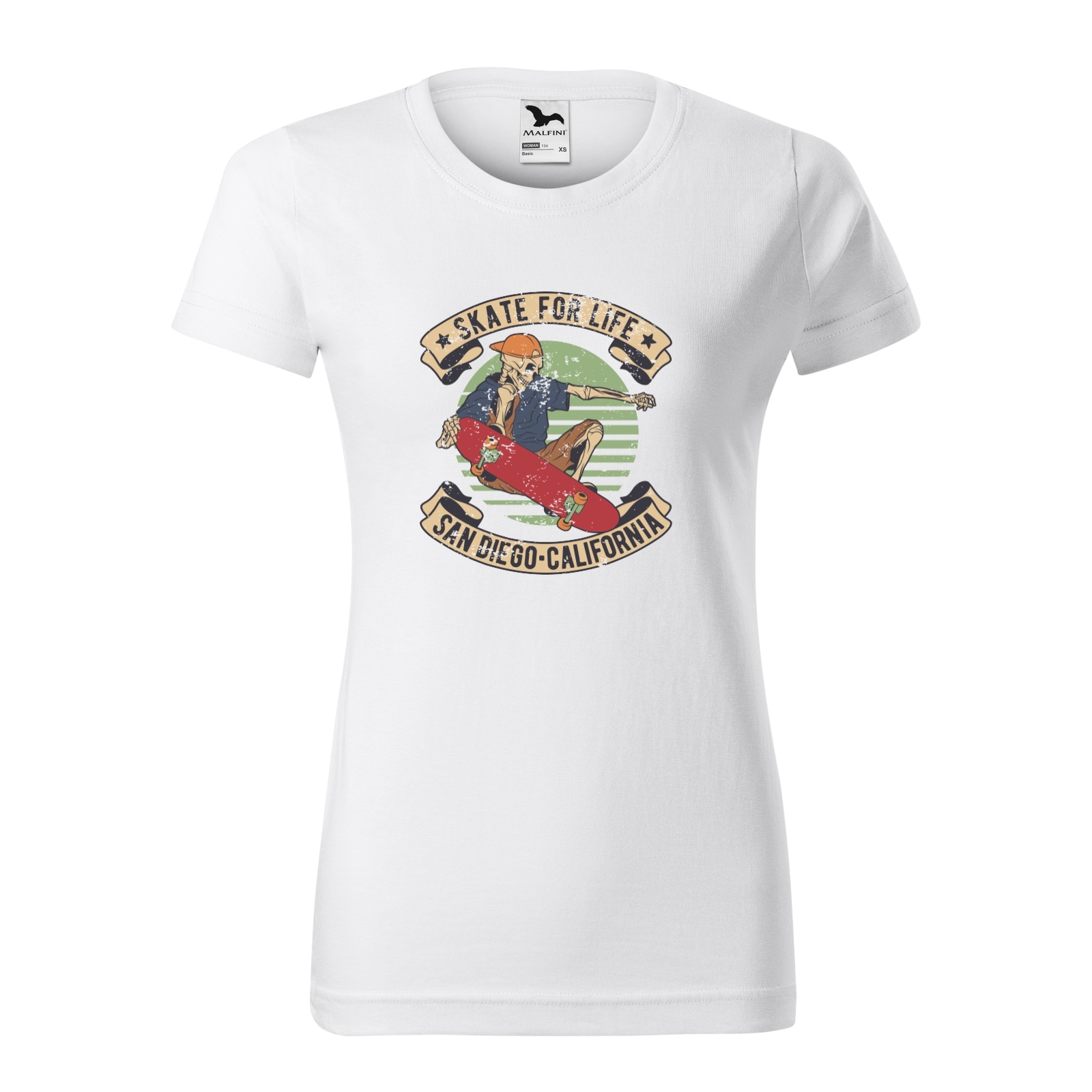 Tricou clasic, la baza gatului, alb, pentru dama, idee de cadou pentru pasionatii de skateboard, Skate for Life San Diego, marime L