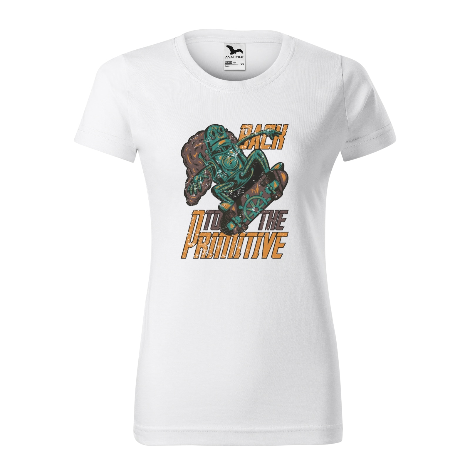 Tricou clasic, la baza gatului, alb, pentru dama, idee de cadou pentru pasionatii de skateboard, Back to The Primitive, marime L
