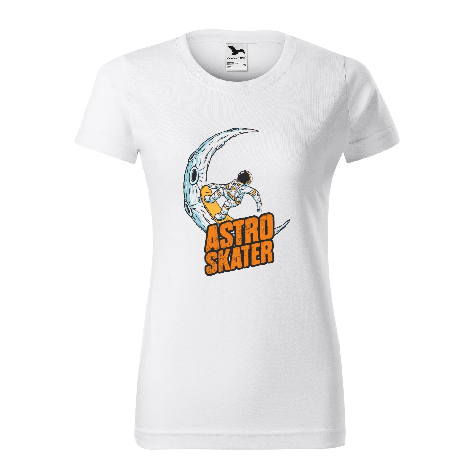 Tricou clasic, la baza gatului, alb, pentru dama, idee de cadou pentru pasionatii de skateboard, Astro Moon Skater, marime XS