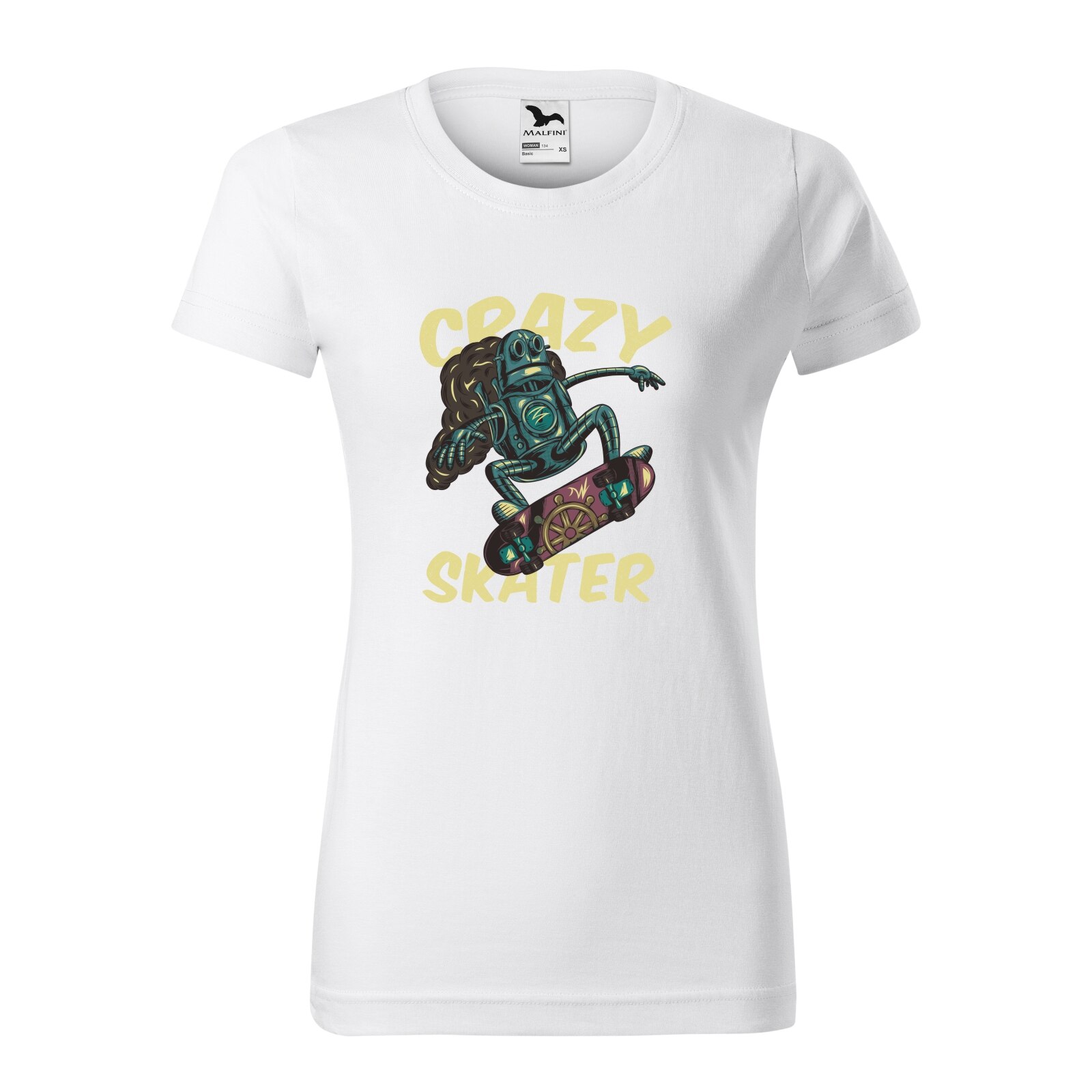 Tricou clasic, la baza gatului, alb, pentru dama, idee de cadou pentru pasionatii de skateboard, Crazy Robot Skater, marime L