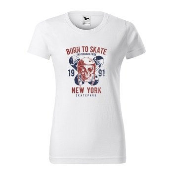Tricou clasic, la baza gatului, alb, pentru dama, idee de cadou pentru pasionatii de skateboard, Skateboard Skull Pride, marime XL Tricou clasic, la baza gatului, alb, pentru dama, idee de cadou pentru pasionatii de skateboard, Skateboard Skull Pride, marime XL