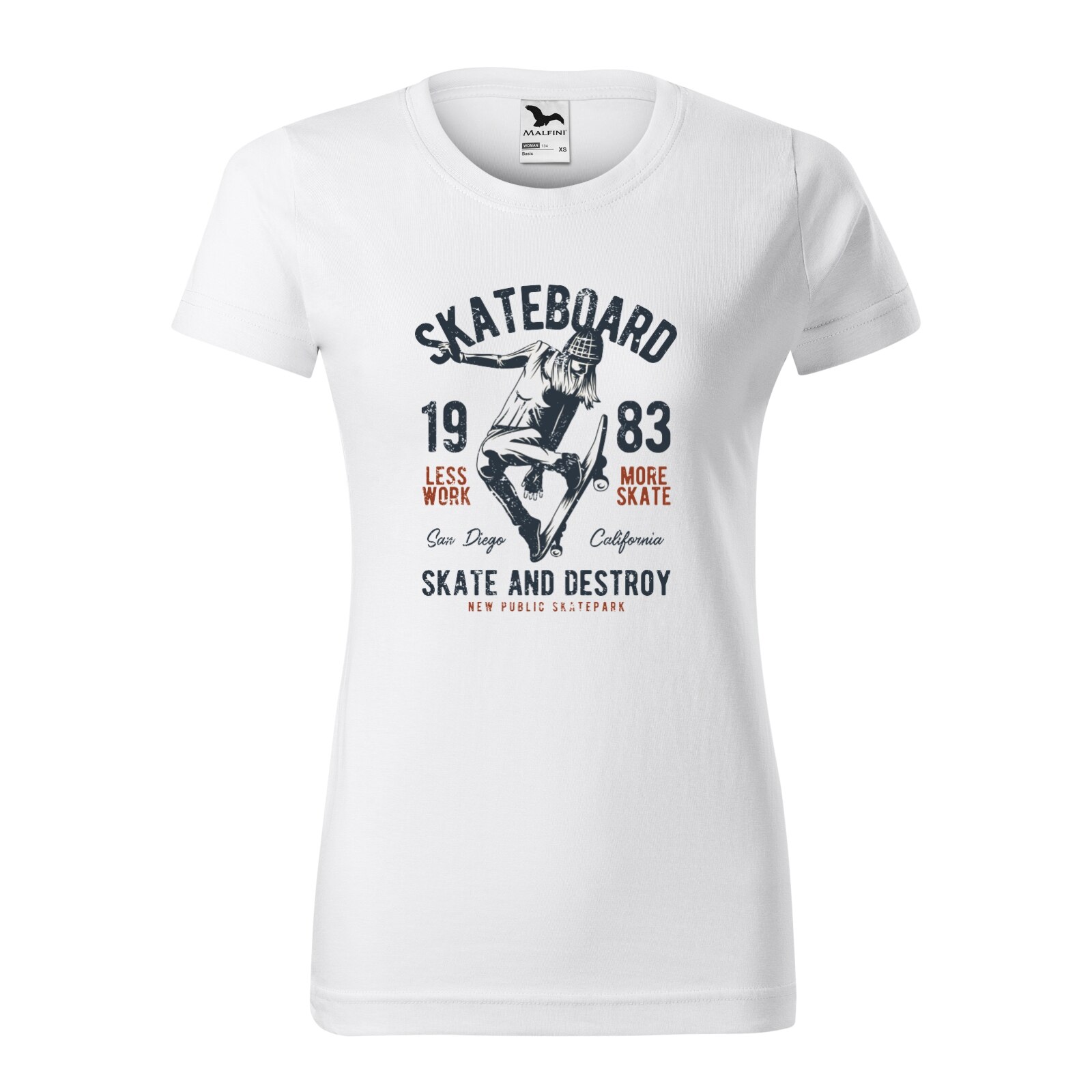 Tricou clasic, la baza gatului, alb, pentru dama, idee de cadou pentru pasionatii de skateboard, Skate and Destroy Public Park, marime 2XL