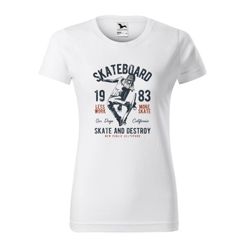 Tricou clasic, la baza gatului, alb, pentru dama, idee de cadou pentru pasionatii de skateboard, Skate and Destroy Public Park, marime XL