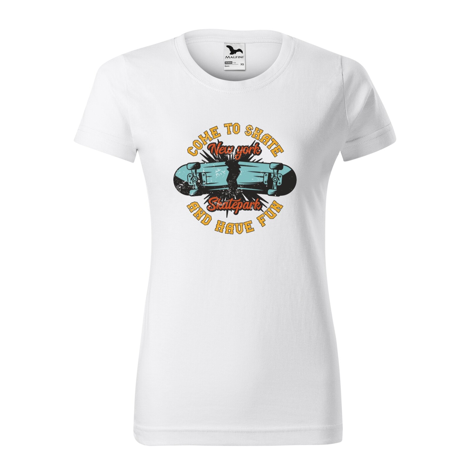 Tricou clasic, la baza gatului, alb, pentru dama, idee de cadou pentru pasionatii de skateboard, Come to Skate and Have Fun, marime XS