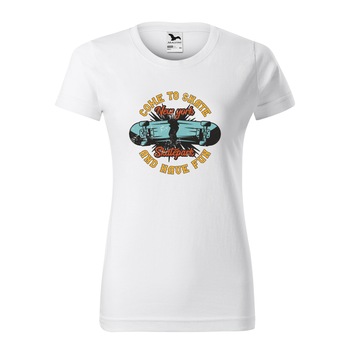 Tricou clasic, la baza gatului, alb, pentru dama, idee de cadou pentru pasionatii de skateboard, Come to Skate and Have Fun, marime S Tricou clasic, la baza gatului, alb, pentru dama, idee de cadou pentru pasionatii de skateboard, Come to Skate and Have Fun, marime S