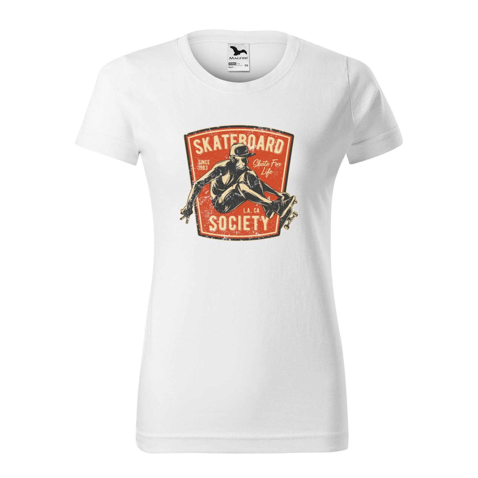 Tricou clasic, la baza gatului, alb, pentru dama, idee de cadou pentru pasionatii de skateboard, Skate Society Los Angeles, marime M