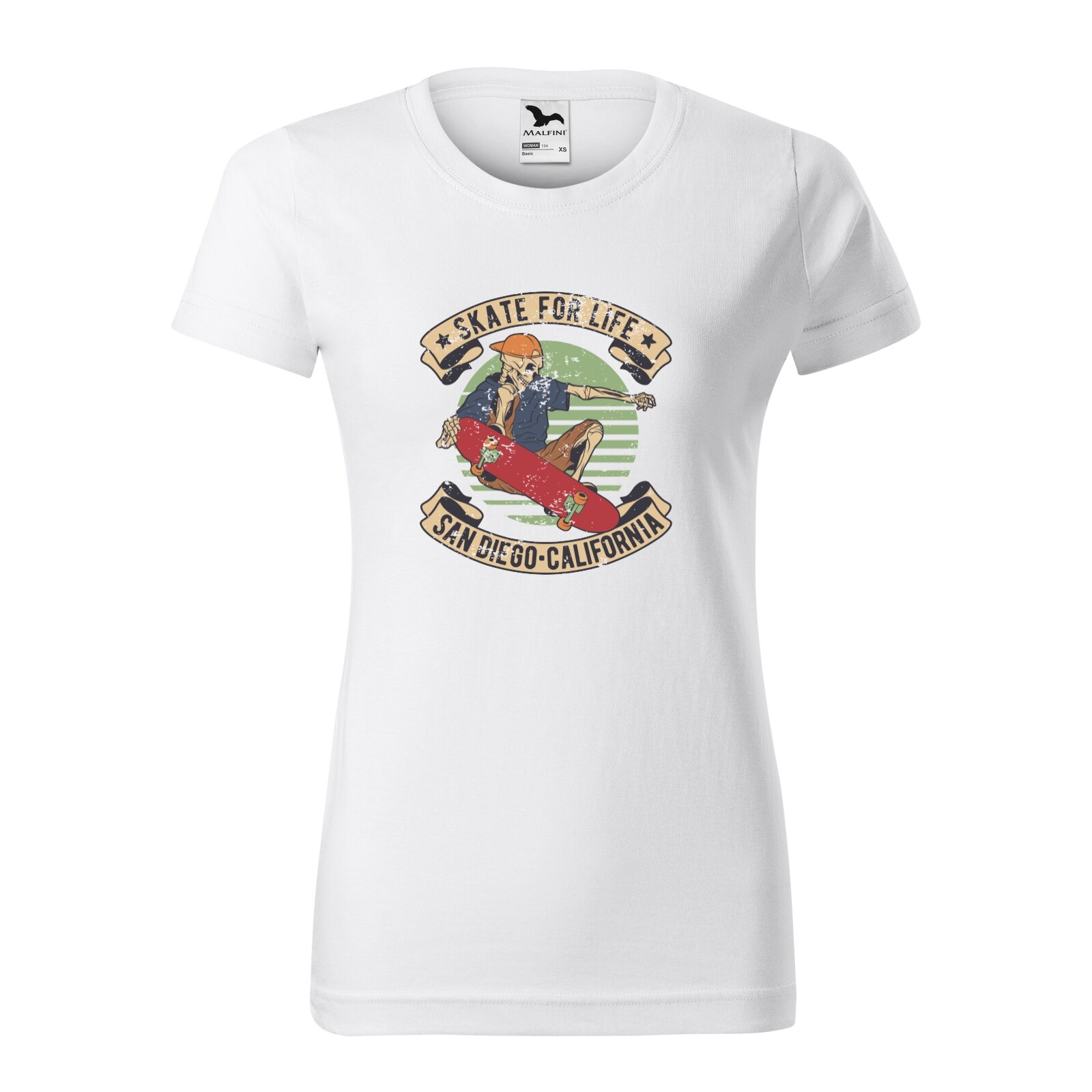 Tricou clasic, la baza gatului, alb, pentru dama, idee de cadou pentru pasionatii de skateboard, Skate for Life San Diego, marime M