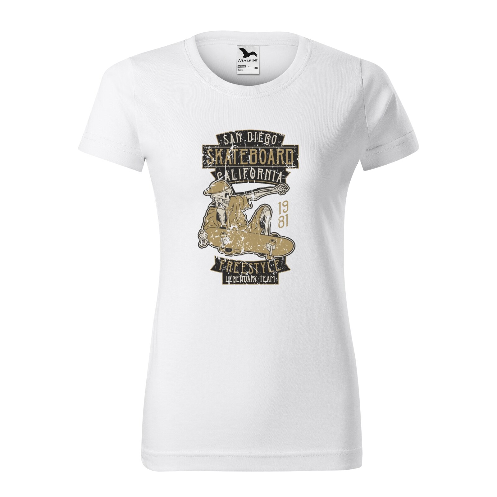 Tricou clasic, la baza gatului, alb, pentru dama, idee de cadou pentru pasionatii de skateboard, San Diego Freestyle Team, marime L