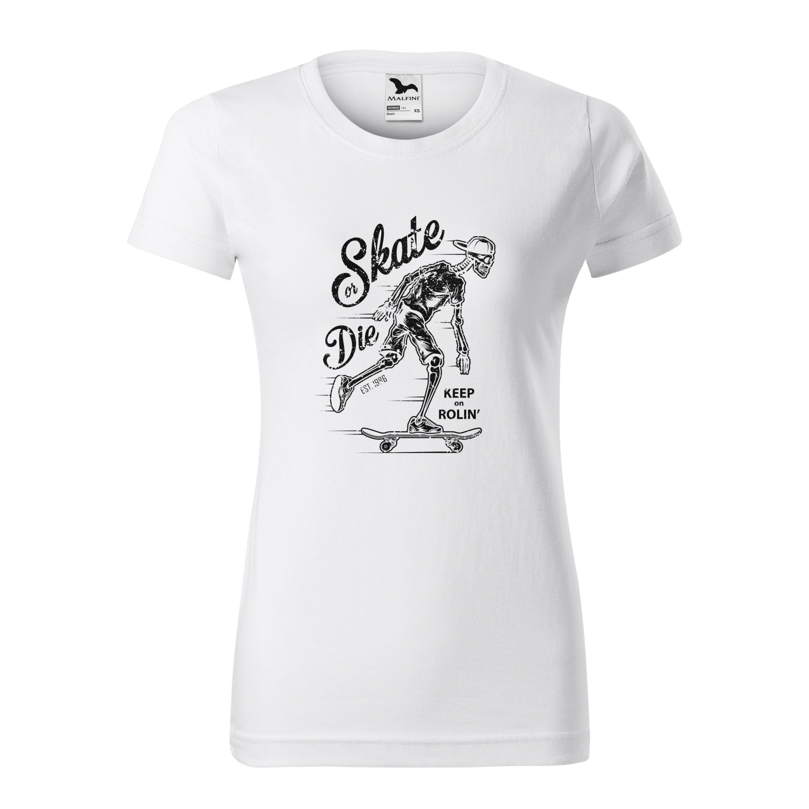 Tricou clasic, la baza gatului, alb, pentru dama, idee de cadou pentru pasionatii de skateboard, Keep on Rolling, marime L