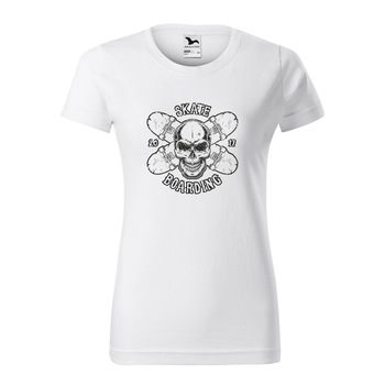 Tricou clasic, la baza gatului, alb, pentru dama, idee de cadou pentru pasionatii de skateboard, Skate Skull on Boards, marime XS