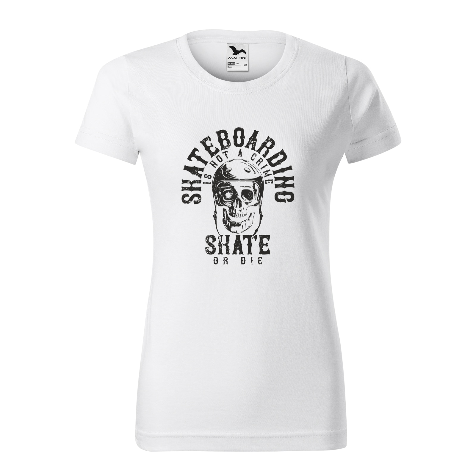 Tricou clasic, la baza gatului, alb, pentru dama, idee de cadou pentru pasionatii de skateboard, Not a Crime Skate or Die, marime XS