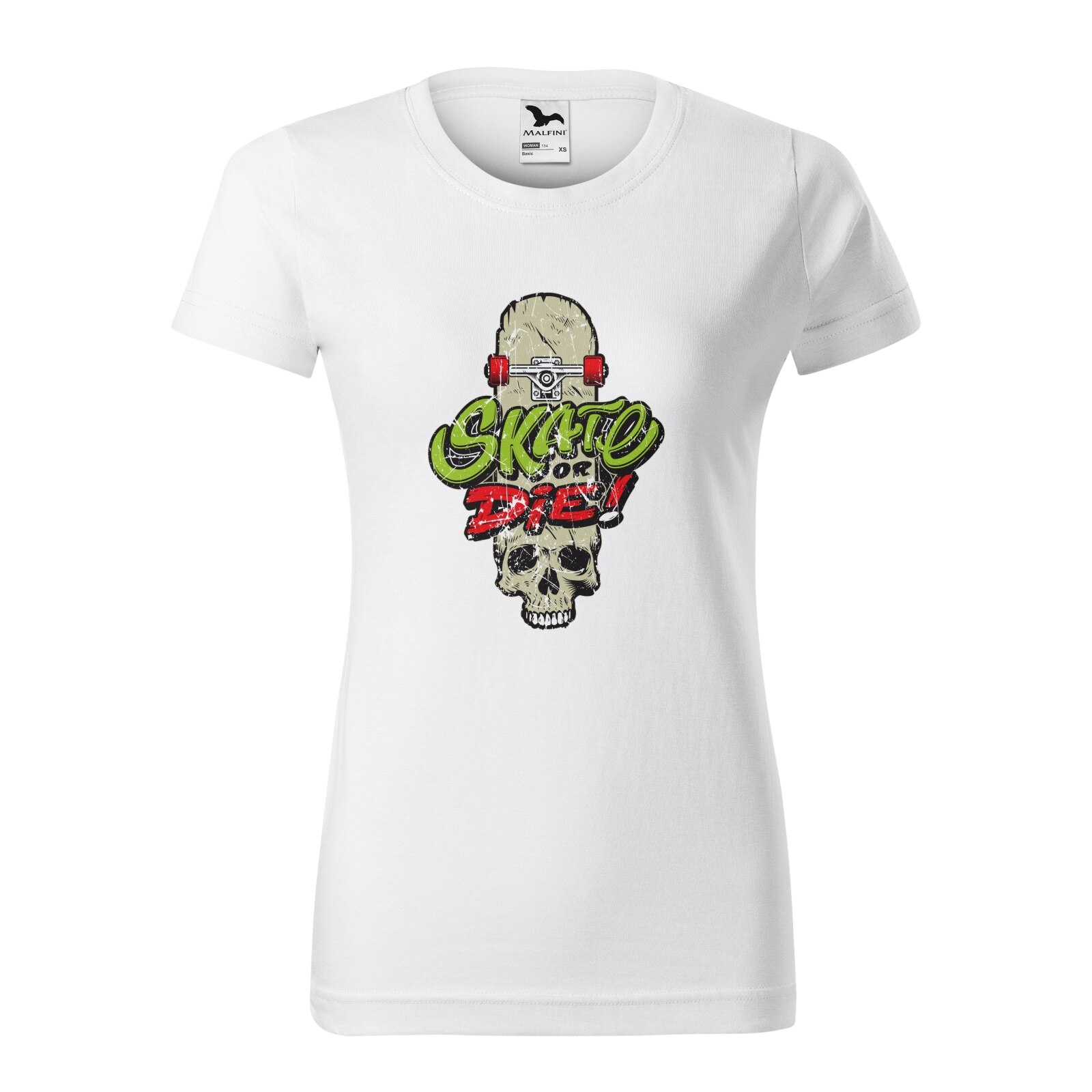 Tricou clasic, la baza gatului, alb, pentru dama, idee de cadou pentru pasionatii de skateboard, Skate or Die Head Skull, marime L