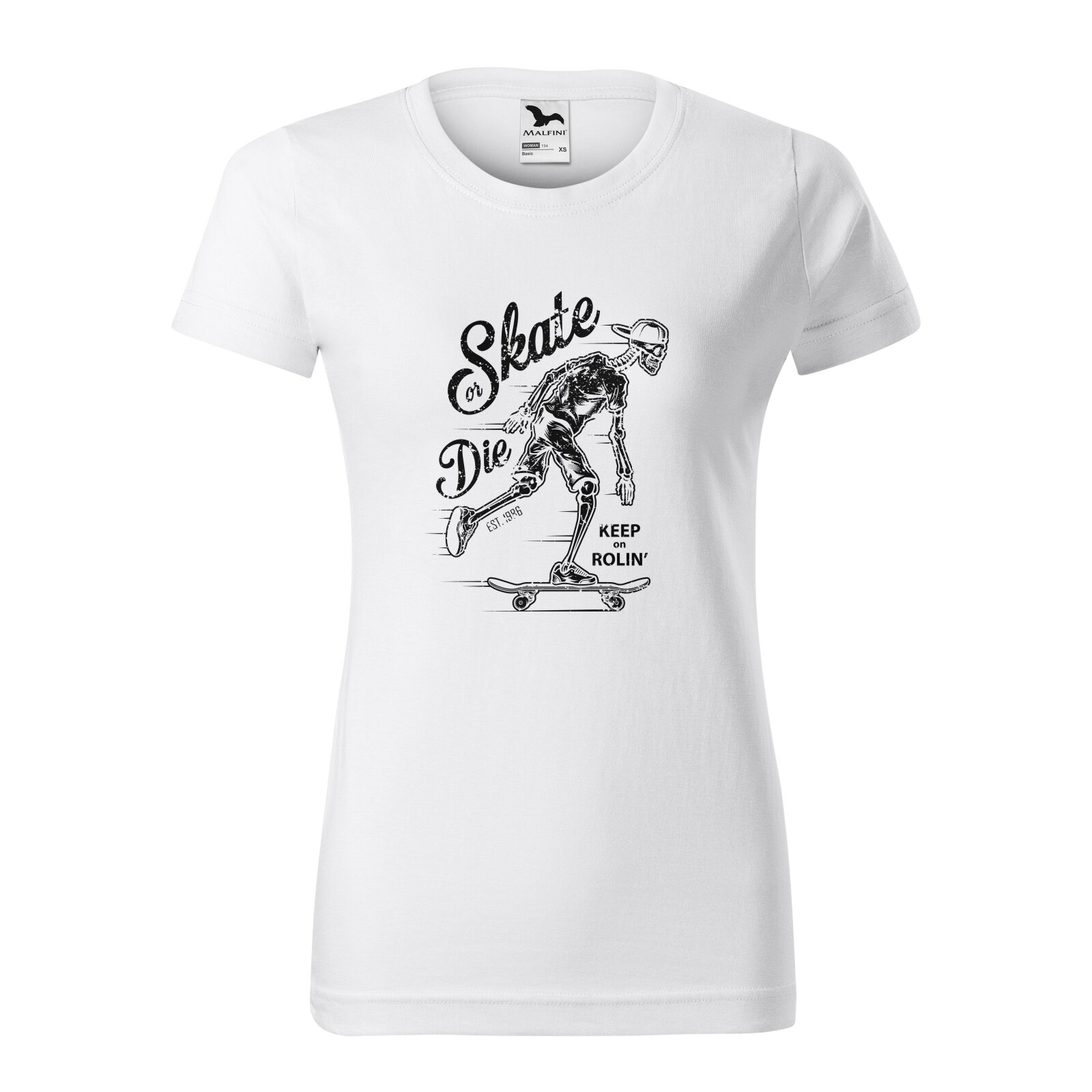 Tricou clasic, la baza gatului, alb, pentru dama, idee de cadou pentru pasionatii de skateboard, Keep on Rolling, marime 2XL