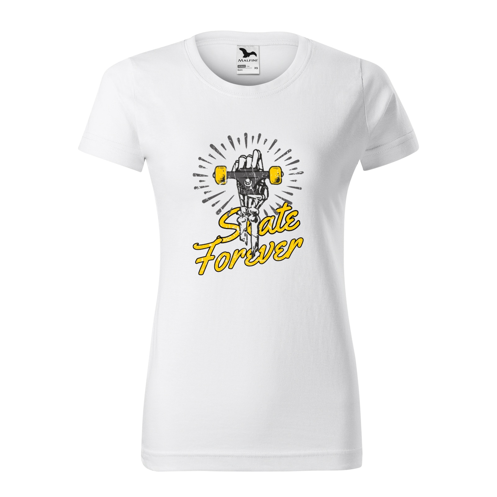 Tricou clasic, la baza gatului, alb, pentru dama, idee de cadou pentru pasionatii de skateboard, Skate Forever Bone Hand, marime XL