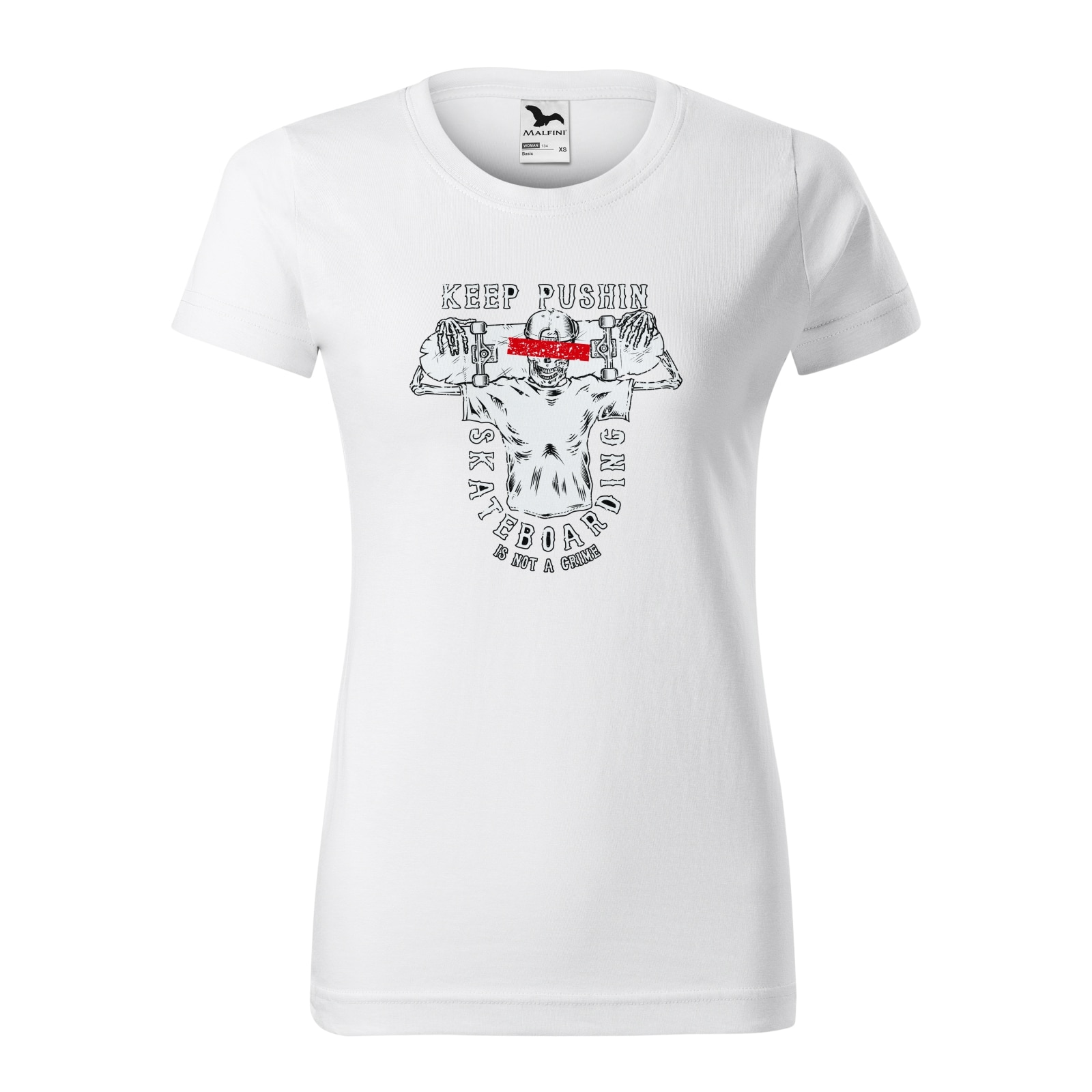 Tricou clasic, la baza gatului, alb, pentru dama, idee de cadou pentru pasionatii de skateboard, Keep Pushing, marime XL