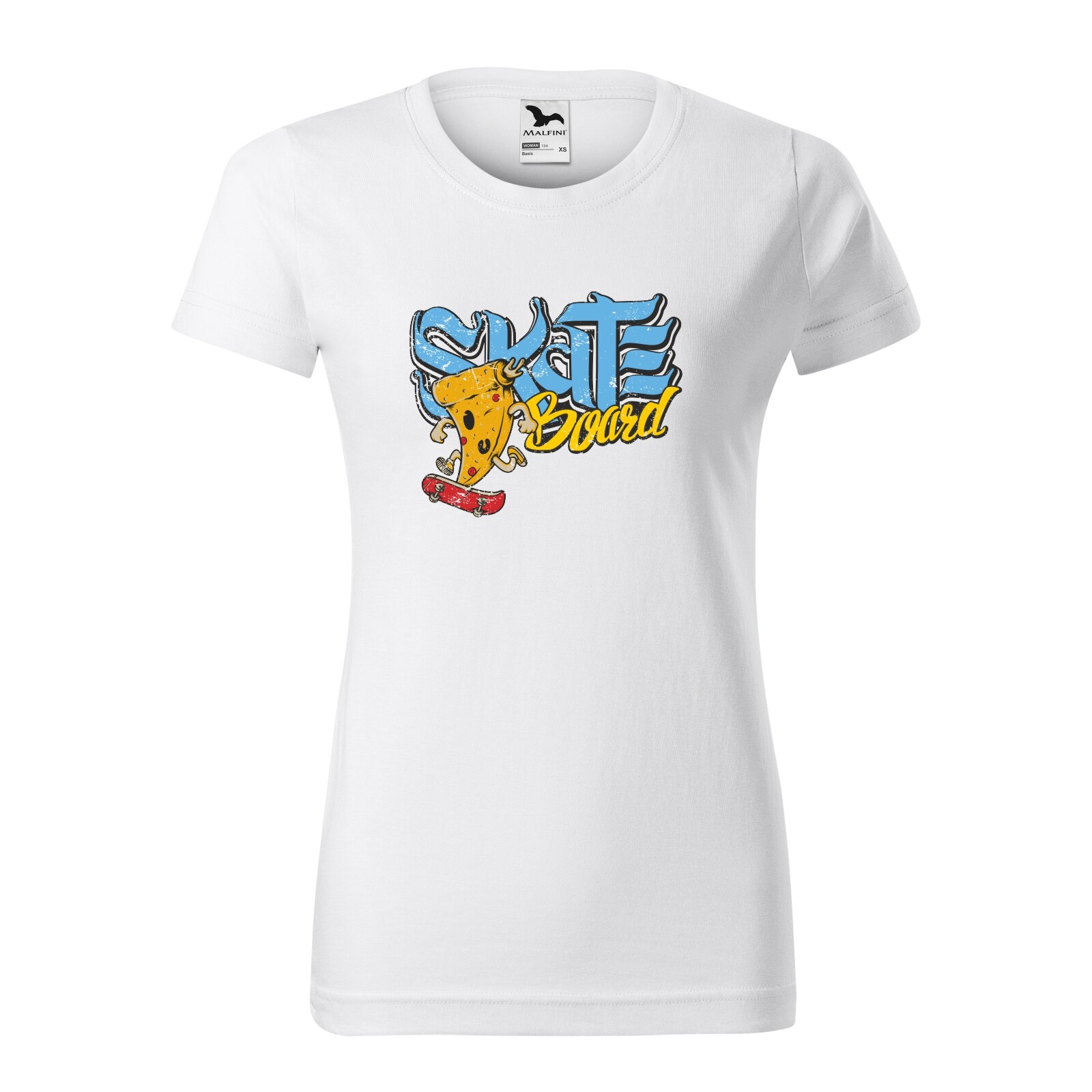 Tricou clasic, la baza gatului, alb, pentru dama, idee de cadou pentru pasionatii de skateboard, Pizza on SkateBoard, marime S