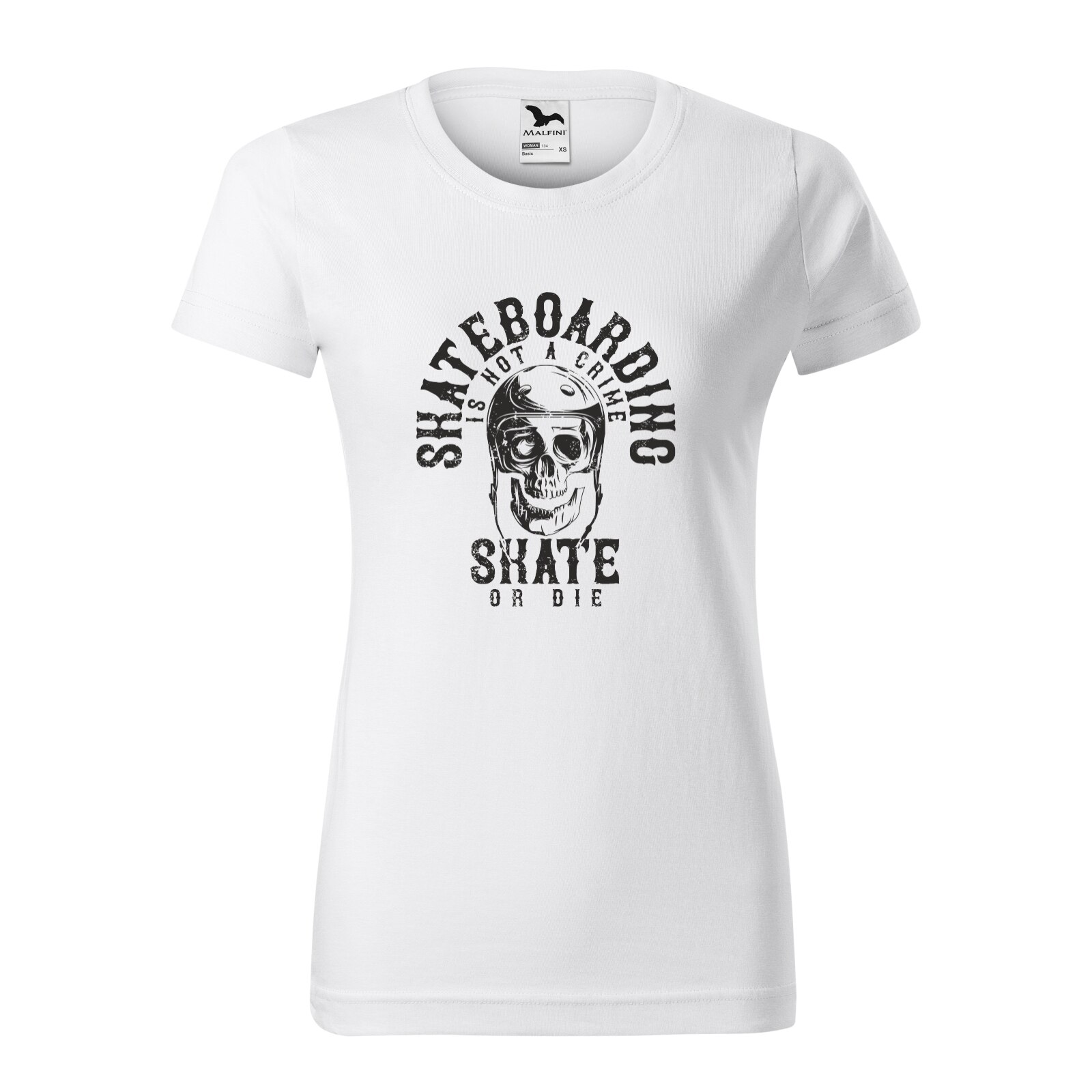 Tricou clasic, la baza gatului, alb, pentru dama, idee de cadou pentru pasionatii de skateboard, Not a Crime Skate or Die, marime M