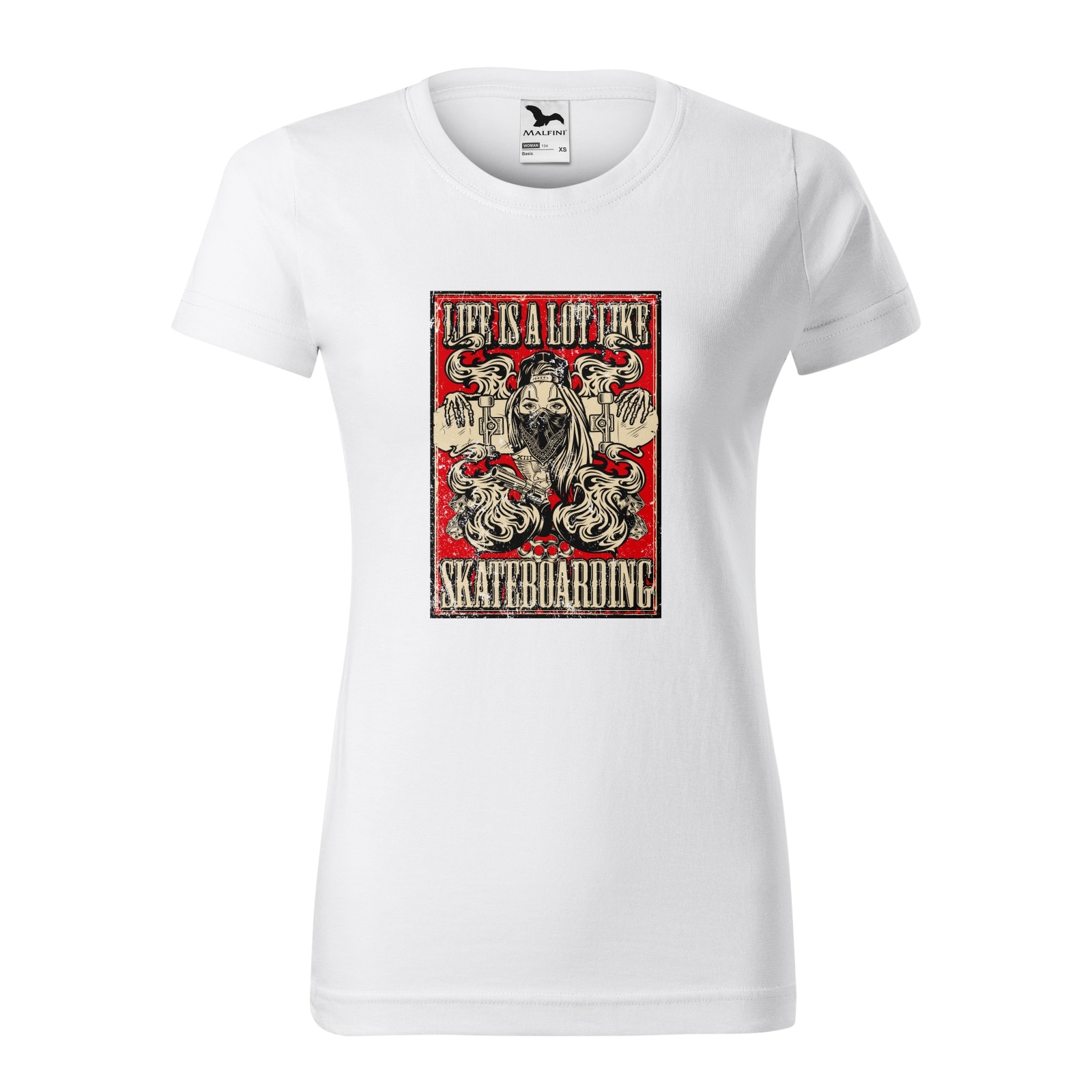 Tricou clasic, la baza gatului, alb, pentru dama, idee de cadou pentru pasionatii de skateboard, Life is a Lot Like Skateboarding, marime XL