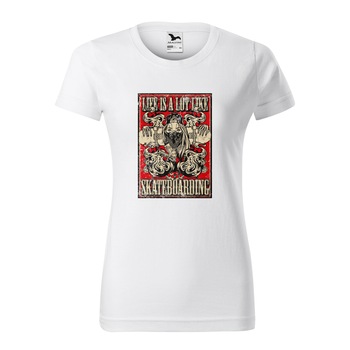 Tricou clasic, la baza gatului, alb, pentru dama, idee de cadou pentru pasionatii de skateboard, Life is a Lot Like Skateboarding, marime M Tricou clasic, la baza gatului, alb, pentru dama, idee de cadou pentru pasionatii de skateboard, Life is a Lot Like Skateboarding, marime M