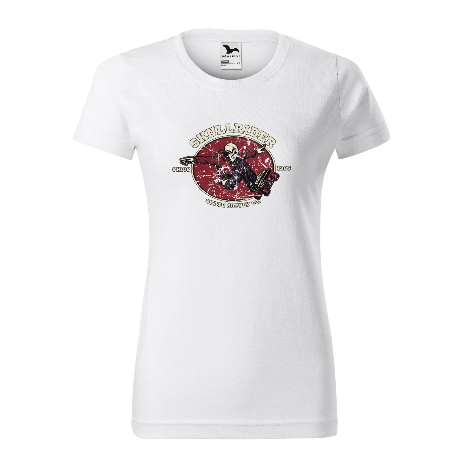 Tricou clasic, la baza gatului, alb, pentru dama, idee de cadou pentru pasionatii de skateboard, Skull Rider, marime M