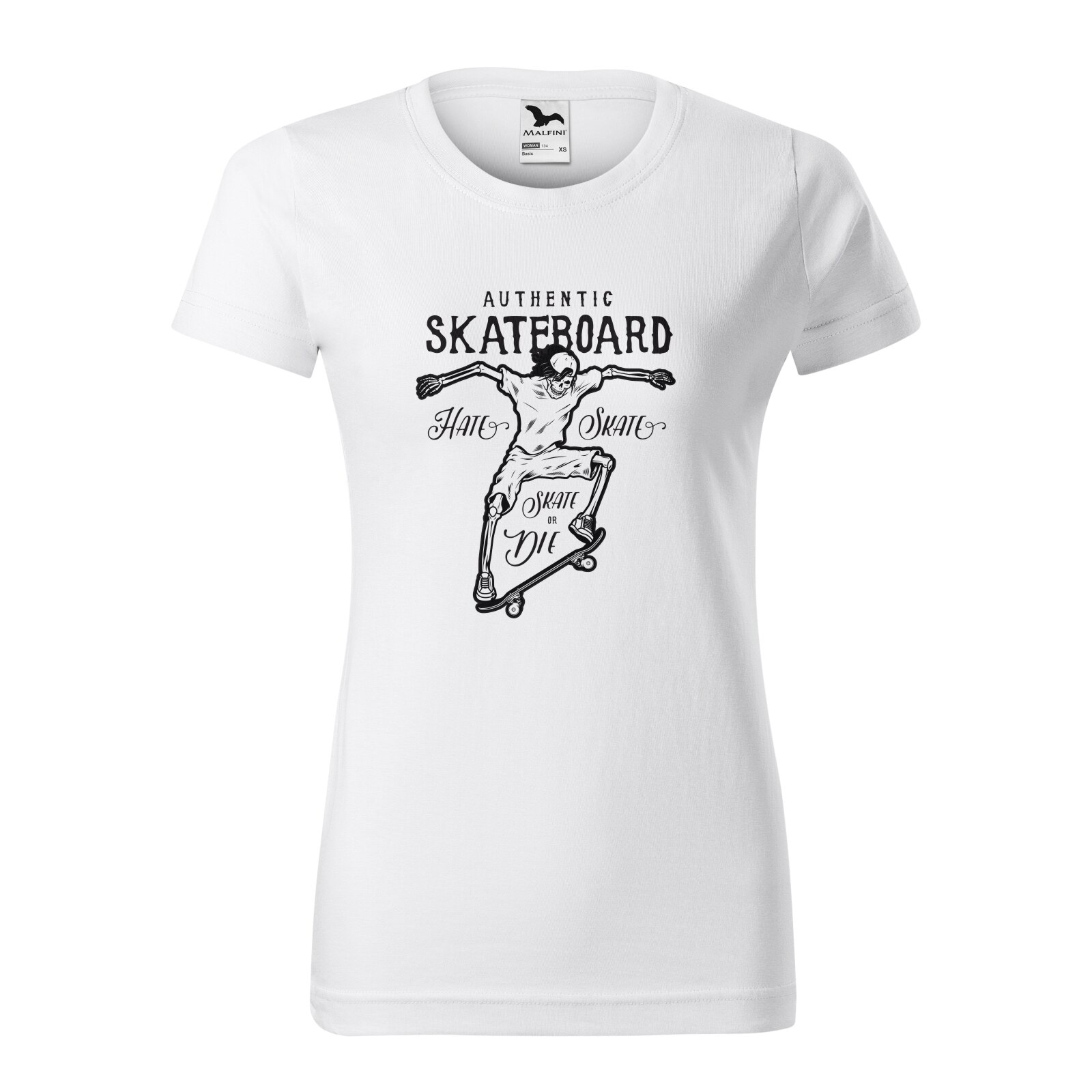 Tricou clasic, la baza gatului, alb, pentru dama, idee de cadou pentru pasionatii de skateboard, Hate and Skate, marime S