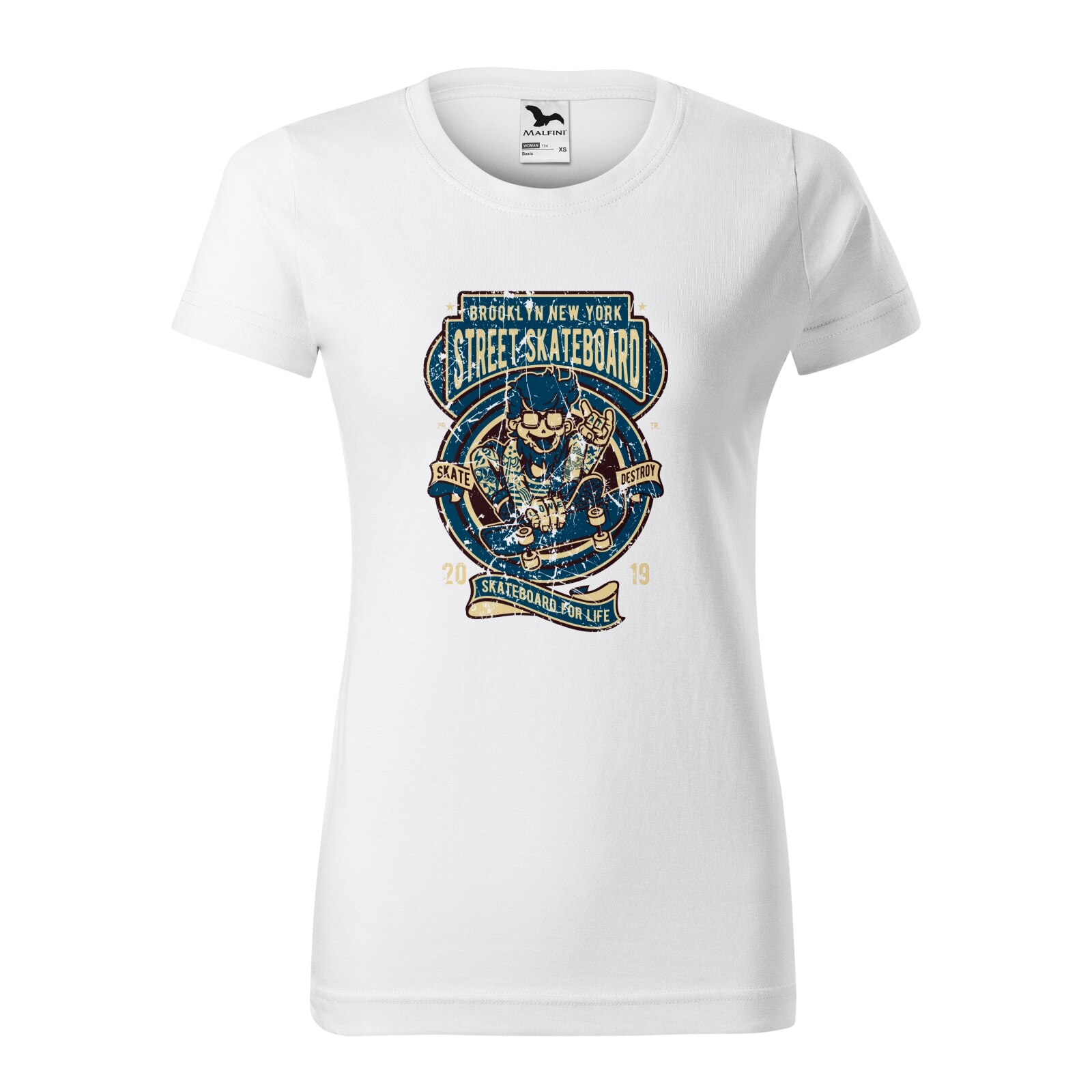 Tricou clasic, la baza gatului, alb, pentru dama, idee de cadou pentru pasionatii de skateboard, Brooklyn Street Skateboarding, marime 2XL