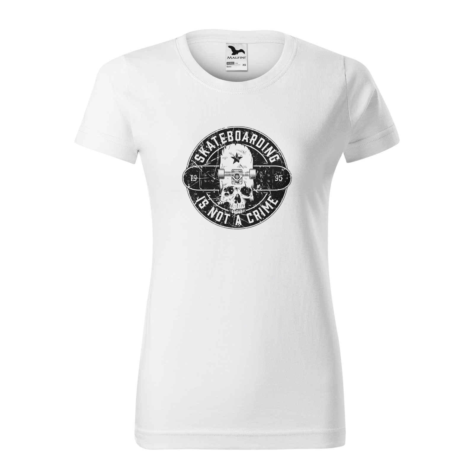 Tricou clasic, la baza gatului, alb, pentru dama, idee de cadou pentru pasionatii de skateboard, Skate is Not a Crime Star Skull, marime XS