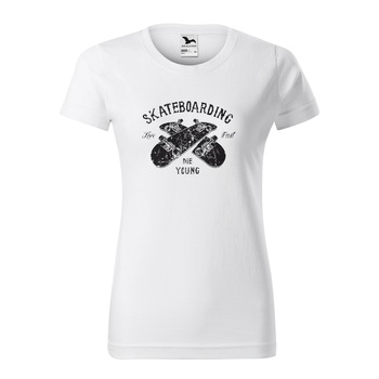 Tricou clasic, la baza gatului, alb, pentru dama, idee de cadou pentru pasionatii de skateboard, Live Fast Die Young, marime XL