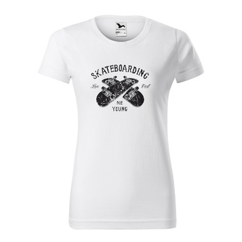 Tricou clasic, la baza gatului, alb, pentru dama, idee de cadou pentru pasionatii de skateboard, Live Fast Die Young, marime 2XL
