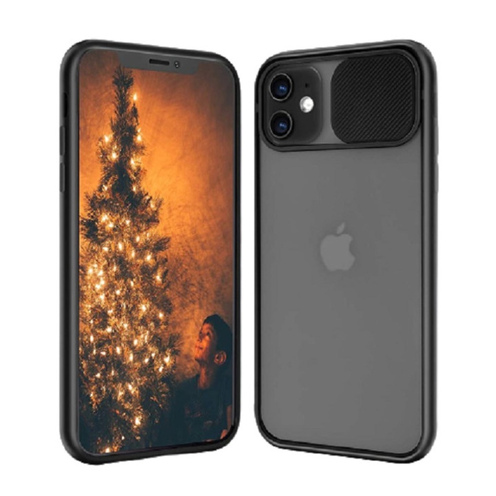 Husa cu protectie camera slide compatibila cu Iphone 12, Negru