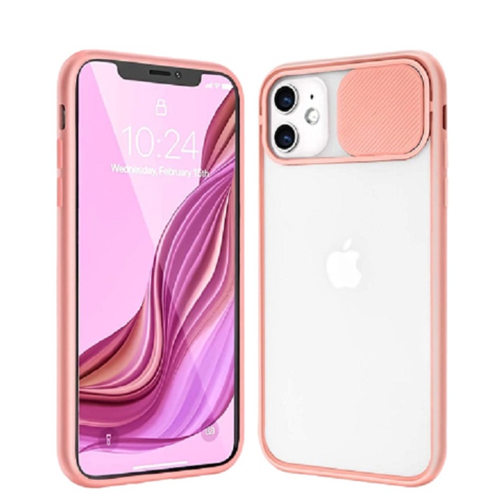 Husa cu protectie camera slide compatibila cu Iphone 12, Roz